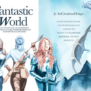 Aquarel Fantastic World clipartset, middeleeuwse illustratie, meisjeskrijger, ridder, fantasie, draken, sprookje, mystiek bos, vrouw uit het midden van de eeuw