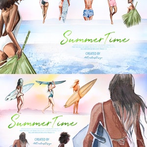 May include: Watercolor illustration featuring several figures in swimwear, some with surfboards, set against a beach scene. The text "Summer Time" is displayed in green cursive. The image is a clipart set for vacation and sea-themed projects.
