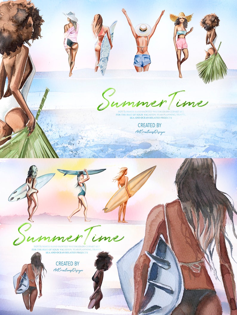 May include: Watercolor illustration featuring several figures in swimwear, some with surfboards, set against a beach scene. The text "Summer Time" is displayed in green cursive. The image is a clipart set for vacation and sea-themed projects.