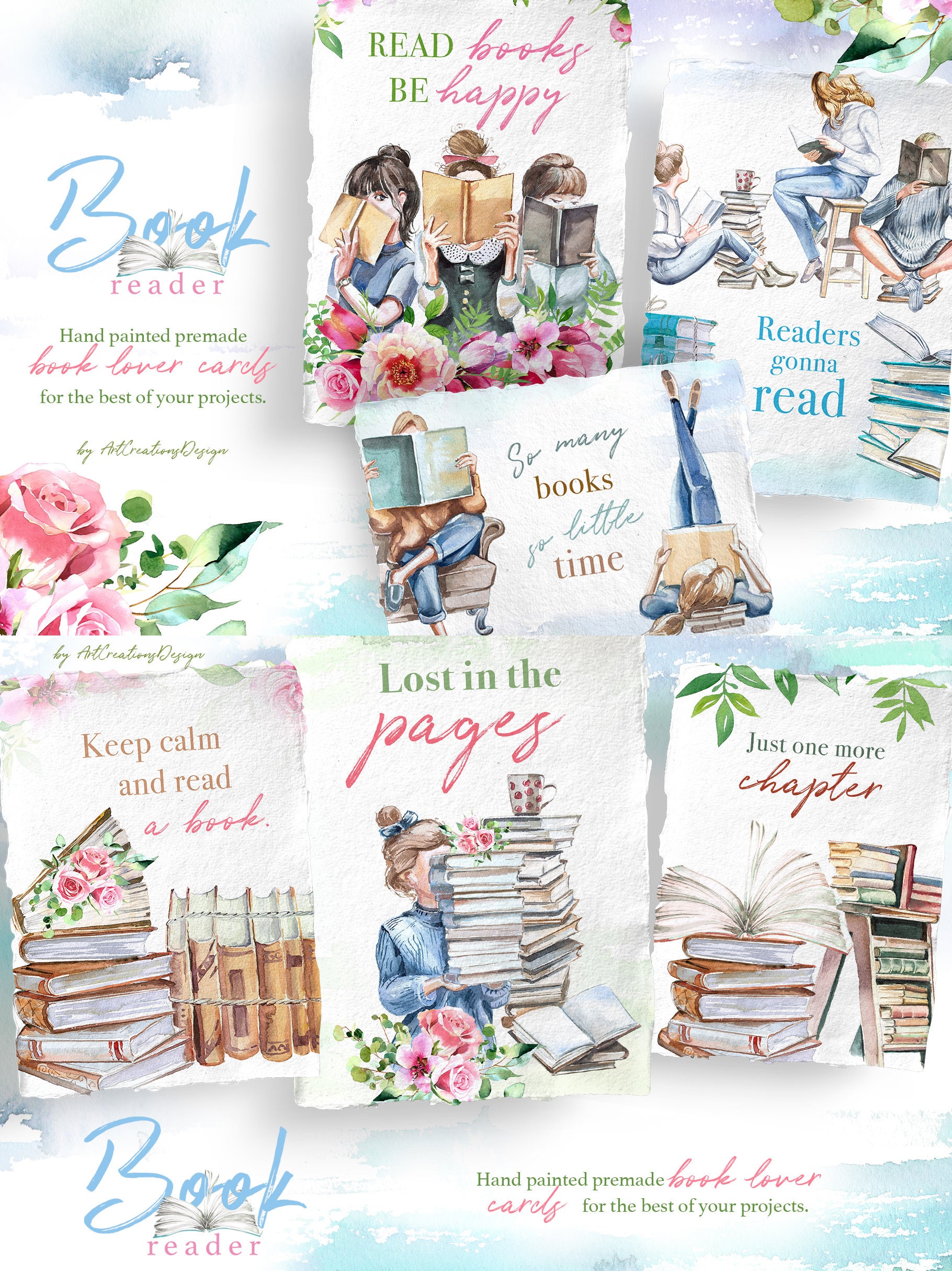 Watercolor Book Reader Clipart Set,bookworm,book Lover,book Stack ...