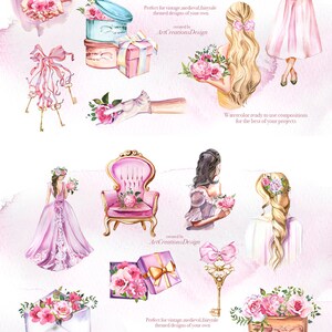 May include: A collection of watercolour illustrations with a pink princess theme. The image includes a pink chair, flowers, a castle, and the text "Pink princess". Ideal for vintage and fairytale projects.