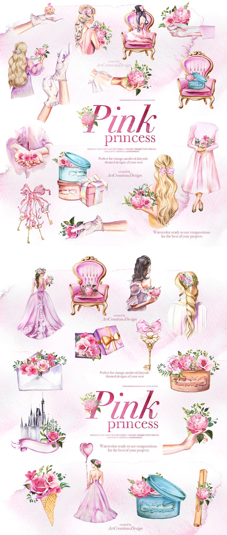May include: A collection of watercolour illustrations with a pink princess theme. The image includes a pink chair, flowers, a castle, and the text "Pink princess". Ideal for vintage and fairytale projects.