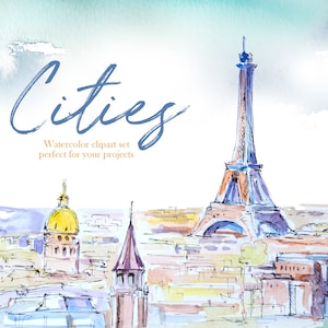 Conjunto de clipart de cidades em aquarela, paisagem urbana, paisagem, cidade, viagem, aventura, viagem, férias, Nova York, Paris, Roma, Londres, scrapbooking, PNG, presente