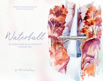 Watercolor Waterfall Clipart Set,Nature,Water,Mountains,Landscape,Travel,Tropical,Sommer,Vacation,Handpainted,PNG,Transparent,Bridge
