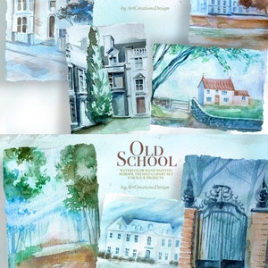 K&ouml;nnte beinhalten: Aquarell-Cliparts mit handgemalten Illustrationen von alten Schulgeb&auml;uden und Landschaften. Die Kunstwerke zeigen verschiedene architektonische Stile und nat&uuml;rliche Umgebungen, mit dem Text "OLD SCHOOL" und "WATERCOLOR HAND PAINTED SCHOOL THEMED CLIPART SET".