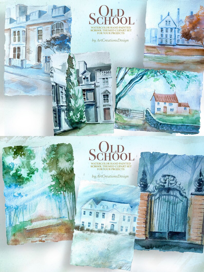 K&ouml;nnte beinhalten: Aquarell-Cliparts mit handgemalten Illustrationen von alten Schulgeb&auml;uden und Landschaften. Die Kunstwerke zeigen verschiedene architektonische Stile und nat&uuml;rliche Umgebungen, mit dem Text "OLD SCHOOL" und "WATERCOLOR HAND PAINTED SCHOOL THEMED CLIPART SET".
