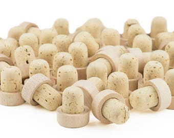 Mushroom Shaped Cork and Wood Bottle Corks - 1.30" Long by 0.71" Diameter, Cork Bottle Stoppers, Multiple Pack Sizes