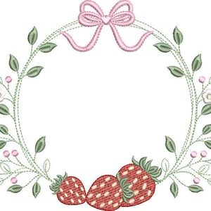 May include: Embroidered design featuring a wreath of green leaves, white flowers, and pink berries. A pink bow sits at the top. Three red strawberries with green tops are at the bottom. This design is suitable for embroidery projects.