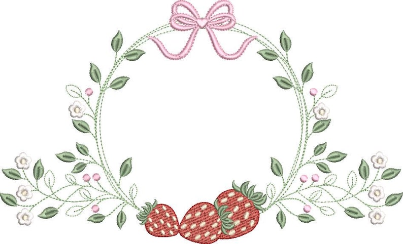 May include: Embroidered design featuring a wreath of green leaves, white flowers, and pink berries. A pink bow sits at the top. Three red strawberries with green tops are at the bottom. This design is suitable for embroidery projects.