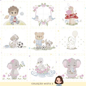 Pode incluir: Uma coleção de nove desenhos bordados com personagens de desenhos animados fofos. Os desenhos incluem um menino com um traje espacial, uma moldura floral com pássaros, um caracol em um cogumelo, um filhote com uma bola de futebol, um urso de pelúcia com uma bola de futebol, um dinossauro com um balão, um elefante, um cisne e outro elefante. O texto "COLEÇÃO MISTA 2" está na parte inferior.
