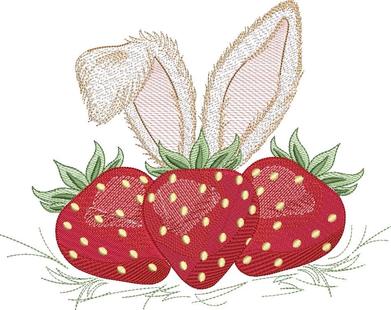 May include: Embroidered design of three red strawberries with green leaves and bunny ears. The strawberries have yellow seeds and are arranged below the tan and white bunny ears, set against a white background.