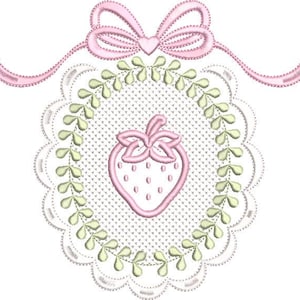 May include: Embroidered design featuring a pink strawberry at the center, surrounded by a green and white floral border. A pink bow and ribbon are at the top. The design is on a white background.