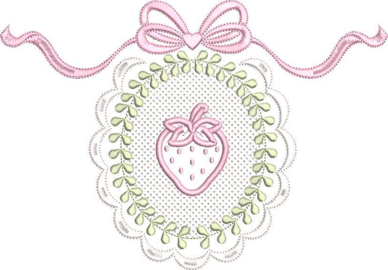 May include: Embroidered design featuring a pink strawberry at the center, surrounded by a green and white floral border. A pink bow and ribbon are at the top. The design is on a white background.