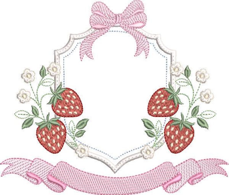 May include: Embroidered design featuring a pink bow at the top, a decorative frame, and a pink ribbon at the bottom. The frame is adorned with four red strawberries and white flowers with green leaves. The design is on a white background.