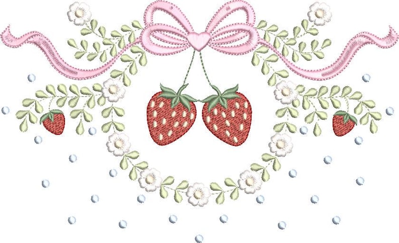 May include: An embroidered design featuring a pink bow with a heart, two hanging strawberries, and a wreath of white flowers and green leaves. Small red strawberries and light blue dots complete the design.