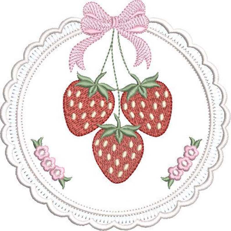 May include: Embroidered design featuring three red strawberries with green stems and white seeds, suspended from a pink bow. The strawberries are within a white, scalloped-edged circle, with pink floral accents.