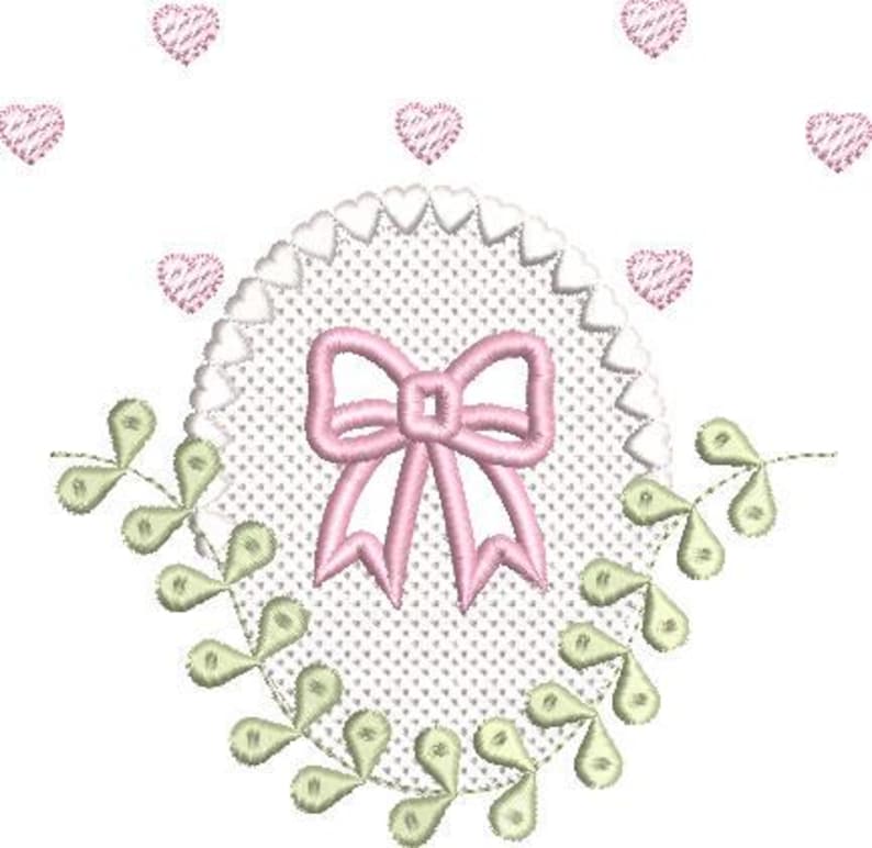 May include: An embroidered design featuring a pink bow, surrounded by a white dotted circle with a scalloped edge. Green and yellow leaf-like shapes and pink hearts are scattered around the design on a white background.