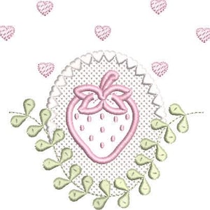 May include: Embroidered design featuring a pink strawberry with a green stem and seeds, surrounded by a white lace-like border and green leaves. Pink heart accents are scattered on a white background. The design is likely for embroidery or applique.