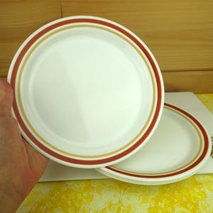 May include: White ceramic plates with a red and tan border. The plates are round and have a simple, classic design. The plates are stacked on top of each other.