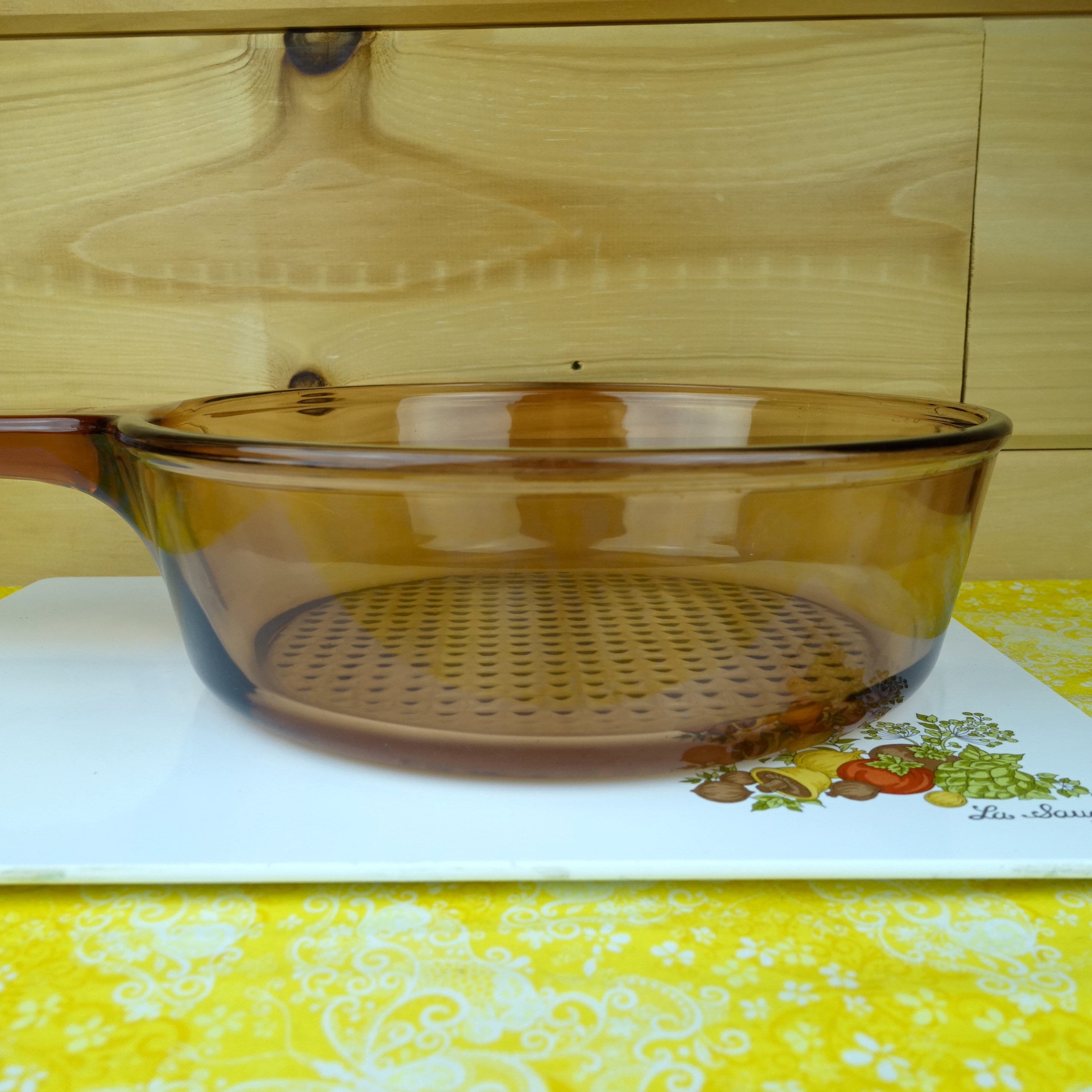Pyrex Corning Vision Ware Amber 10” Glass Skillet With Lid Fry Pan Waffle  Bottom
