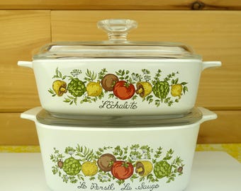 2 Corning Ware Casseroles with 2 Glass Covers, Spice O' Life, #A-1-B, #A-1-1/2-B, 1970s
