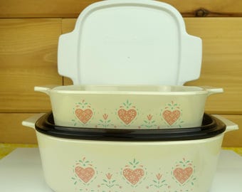 2 Corning Ware Casseroles with 1 Glass Cover & 1 Plastic Cover, Forever Yours, 2-Liter, 1-Liter, 1990s