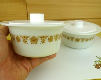 1 Pyrex Butter Dish, Butterfly Gold, Round for Parkay Promotion, with New Cover, 1970s