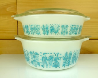2-Dish Pyrex Casserole Set with 2 Covers, Turquoise Butterprint, #471, #472, 1950s, 1960s
