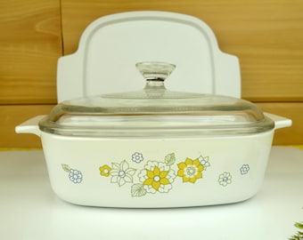 Corning Ware 1-Quart Casserole, Floral Bouquet 3rd Edition with Glass and Plastic Covers, #A-8-B, Jan Brady Style