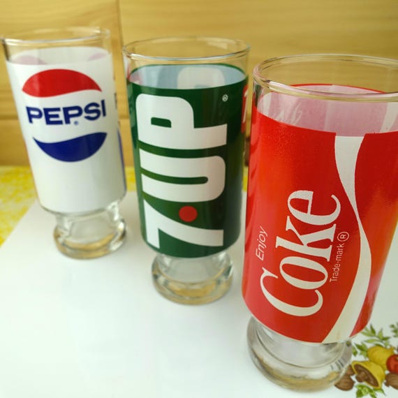 3 Vintage Drinking Glasses, Soda Brands, Pepsi-cola, 7-up