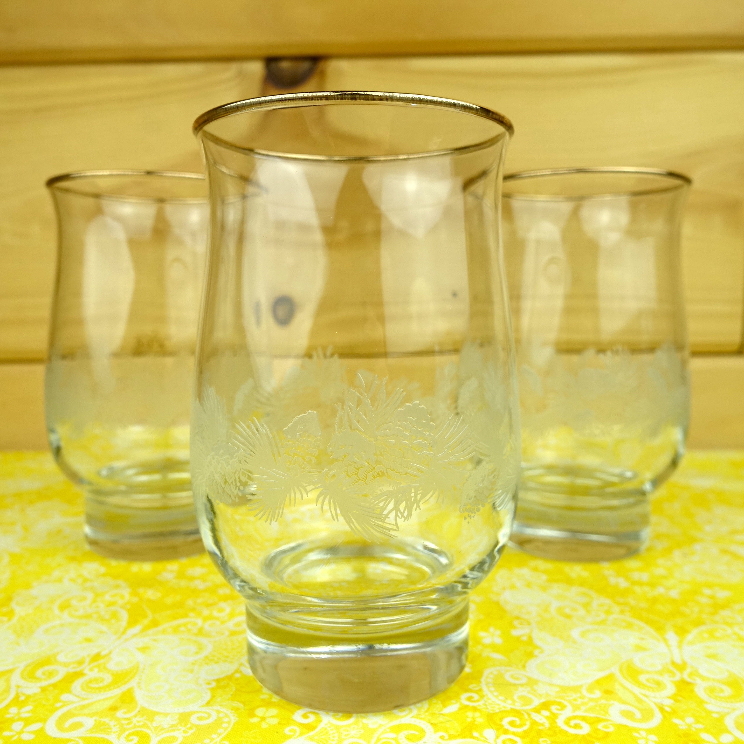 6 Vintage Libbey Christmas Etched Pinecone Gold Rim Glasses