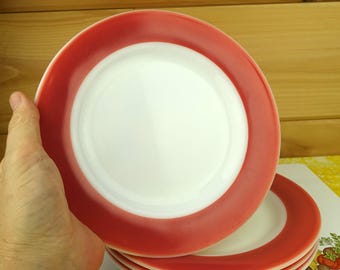 4 Pyrex Bread Plates, Flamingo Red, Consumer Dinnerware, #454, 6-3/4", 1950s