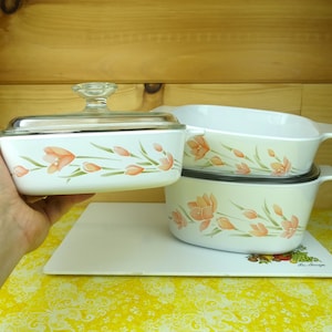 3 Corning Ware Casseroles with 2 Covers, Peach Floral, 1-Liter, 2-Liter, 3-Liter, #A-1-B, #A-2-B, #A-3-B