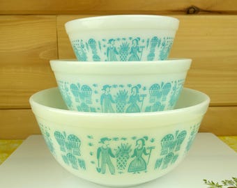 Pyrex 3-Piece Mixing Bowl Set, Turquoise Butterprint, 300-0-TBP, #401, #402, #403