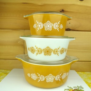 PYREX Vintage 475 474 473 　シンデレラキャセロール3点セット 【良品】PYREX Colonial Lid w/ Casserole Round Cinderella #473 Mist 食器