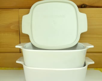 2 Corning Ware Casseroles with Plastic Cover, All White, #A-1-B and #A-1-1/2-B
