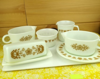 Butterfly Gold Pyrex Compatible Dishes, Butter Dish, Gravy Boat, or Sugar and Cream Pitcher
