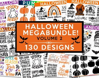 May include: A Halloween-themed digital design bundle with 130 designs. The image features various Halloween-related graphics, including pumpkins, ghosts, bats, and phrases like "Spooky Vibes" and "Happy Halloween." The designs are in black, orange, and white.