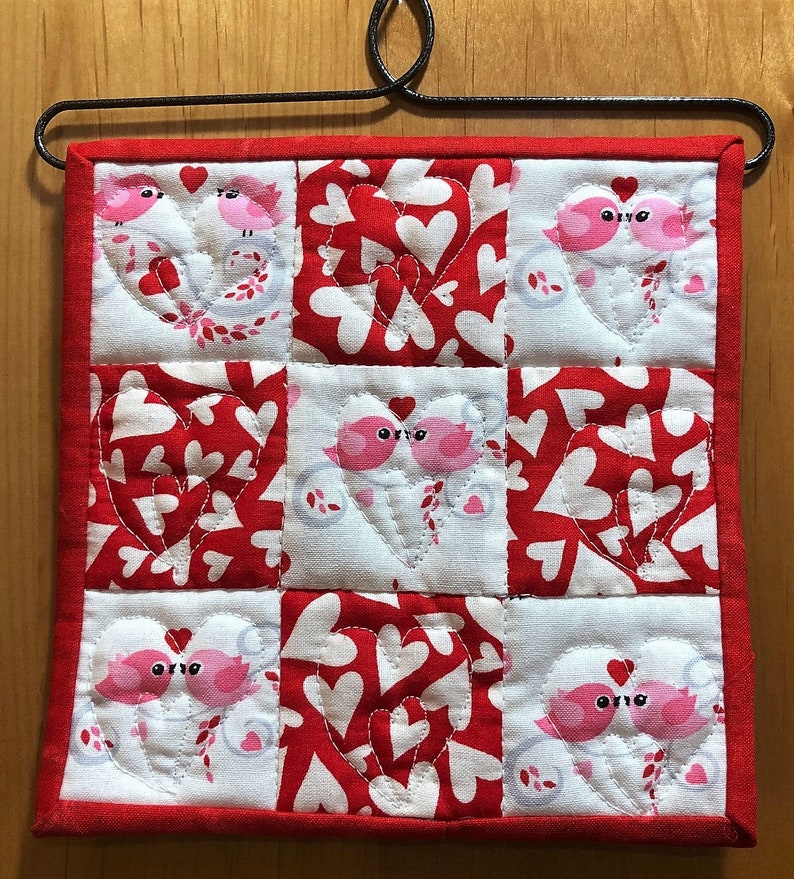 Love Birds Hearts Mini Quilt Wall Hanging