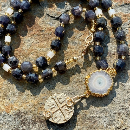 Short Gray Blue Stone Necklace | Gold Coin Charm | Unique Bead Necklace, Mixed Stone Quartz shops | Popular Jewelry | Cross Necklace