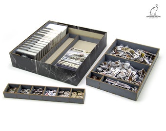 May include: A gray and black organizer with compartments for storing game pieces and cards. The organizer has a compartment for a game board, a compartment for tokens, and a compartment for cards. The organizer is made of wood and has a black and white marble pattern.