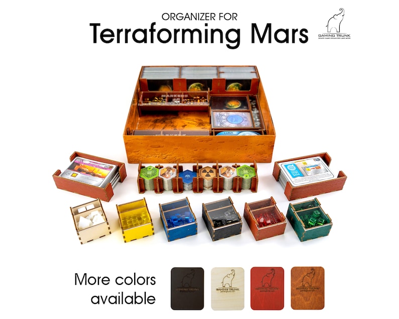 May include: Terraforming Mars game organiser with multiple compartments for cards, tokens, and dice. The organiser is made of wood and has a brown finish. The organiser is shown in a variety of colours, including brown, beige, red, and natural wood.