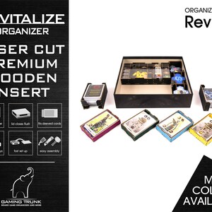 May include: Laser cut wooden insert organiser for the board game Revive. The organiser features multiple compartments for storing cards, tokens, and other game components. The insert is made of high-quality wood and is designed to fit perfectly in the game box. The organiser is easy to assemble and comes with clear instructions.
