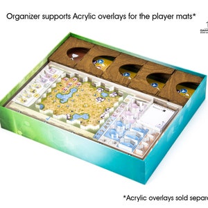 Pu&ograve; includere: Un organizzatore per giochi da tavolo verde acqua e verde con inserti in legno per riporre i componenti del gioco. L'organizzatore &egrave; aperto e mostra il tabellone di gioco e altri componenti. Il testo "Organizer supports Acrylic overlays for the player mats*" &egrave; visibile nella parte superiore dell'organizzatore. Il testo "*Acrylic overlays sold separately" &egrave; visibile nella parte inferiore dell'immagine.