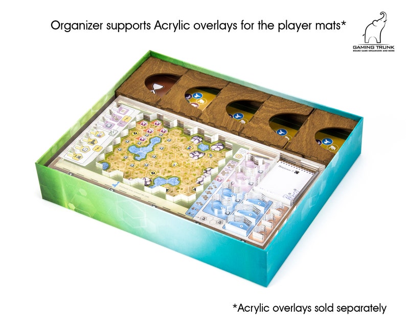 Pu&ograve; includere: Un organizzatore per giochi da tavolo verde acqua e verde con inserti in legno per riporre i componenti del gioco. L'organizzatore &egrave; aperto e mostra il tabellone di gioco e altri componenti. Il testo "Organizer supports Acrylic overlays for the player mats*" &egrave; visibile nella parte superiore dell'organizzatore. Il testo "*Acrylic overlays sold separately" &egrave; visibile nella parte inferiore dell'immagine.