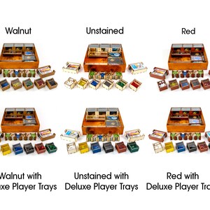 May include: Six wooden game storage boxes in different stain colours: walnut, unstained, red, walnut with deluxe player trays, unstained with deluxe player trays, and red with deluxe player trays.