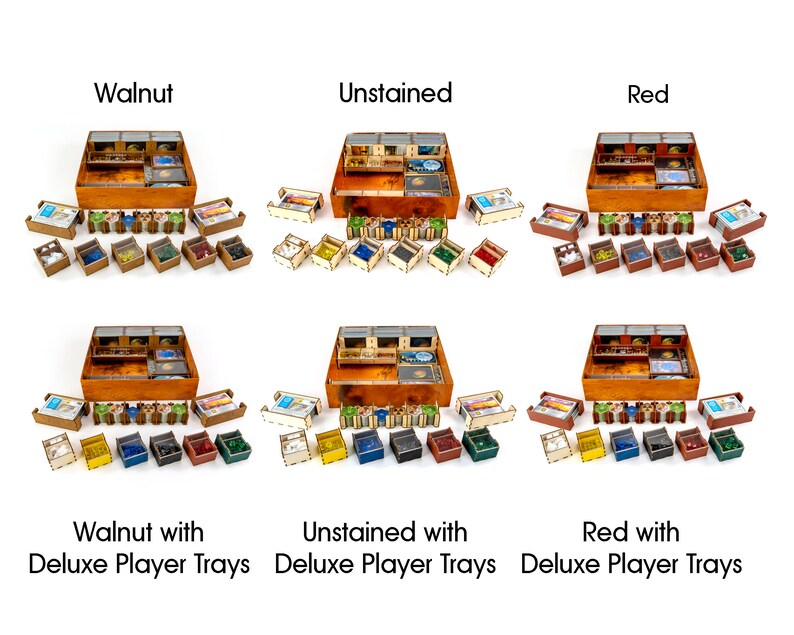 May include: Six wooden game storage boxes in different stain colours: walnut, unstained, red, walnut with deluxe player trays, unstained with deluxe player trays, and red with deluxe player trays.