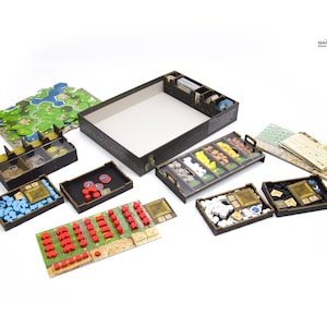 Caledonia Bundle for Clans of Caledonia. Organizer and set of four overlays, Board Game Organizer, Board Game Insert, organizer