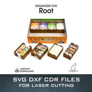 May include: Wooden organizer for the board game Root, featuring multiple compartments for cards and game pieces. The organizer is designed for laser cutting and includes the text "SVG DXF CDR FILES FOR LASER CUTTING".