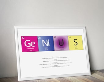 Genius - Custom periodic table of elements poster, chemistry name poster, science poster, chemistry print, custom name wall art